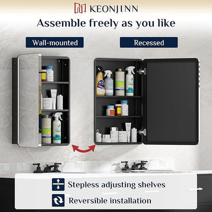 Keonjinn Chrome Medicine Cabinet Mirror 16 x 24 Inch, Recessed Medicine Cabinet for Bathroom, Elegant Stainless Steel Framed, Stepless Adjustable Shelves, in Wall or Surface Mount, Soft Closing