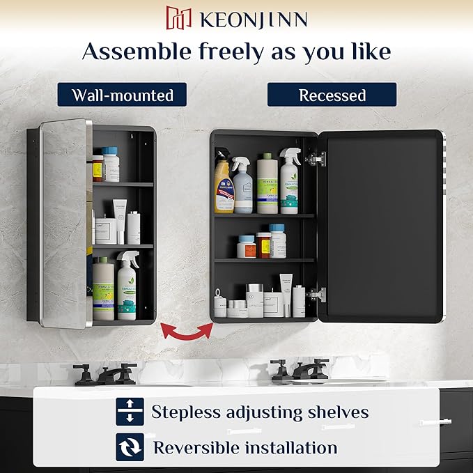 Keonjinn 48 x 32 Inch Large Chrome Medicine Cabinets, Recessed Bathroom Medicine Cabinet, Elegant Stainless Steel Framed, Sturdy & Heavy, Stepless Adjustable Shelves, DTC Hinges, Soft Closing