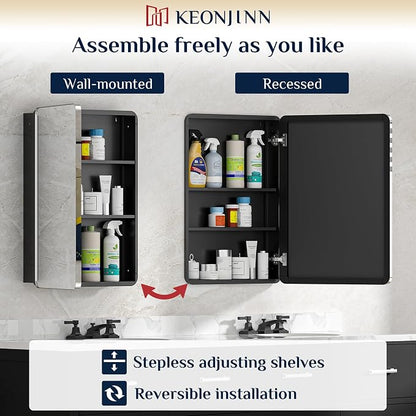 Keonjinn 20"x26" Chrome Recessed Medicine Cabinets for Bathroom with Mirror | Stainless Steel Framed, Adjustable Shelves, Recessed or Surface Mount, Heavy & Solid, Soft Closing, Silver Medicine Cabinet