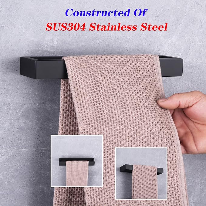 GERZWY Modern Black Towel Holder SUS304 Stainless Steel Towel Hanger Towel Ring for Bathroom Lavatory Wall Mount Contemporary Style HG1706-BK