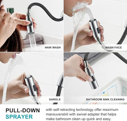 KENES Chrome Centerset Bathroom Faucet with Pull Down Sprayer, 4 Inch 2 Handle Pull Out Bathroom Faucet 3 Hole, Bathroom Sink Faucet with Pop Up Drain & Supply Lines LJ-9069-5