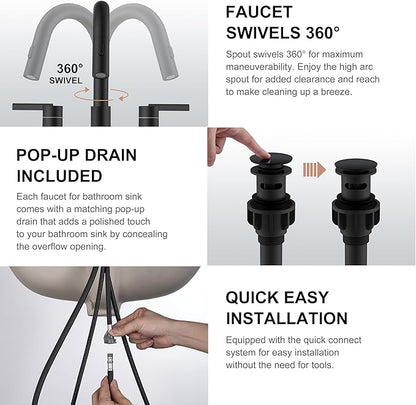 KENES Matte Black Centerset Bathroom Faucet with Pull Out Sprayer, 4 Inch 2 Handle Pull Down Bathroom Faucet 3 Hole, Bathroom Sink Faucet with Pop Up Drain & Supply Lines LJ-9069-2