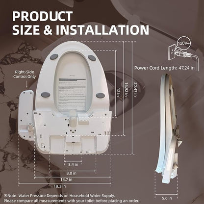 BRAVAT® Electric Bidet Toilet Seat Elongated, Heated, Soft Close | Front/Rear wash, Instant heated seat&warm water&air dryer, Night light, Stainless steel nozzle, German engineered