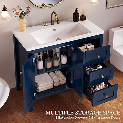 DWVO 36 Inch Bathroom Vanity with Sink Combo, Modern Bathroom Storage Cabinet with Resin Basin, Three Holes, 2 Doors & 3 Drawers, Navy Blue