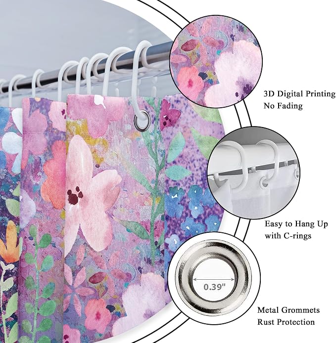 Purple Floral Boho Cute Wildflower Watercolor Bathroom Shower Curtain Set | 72"W x 72"H Leaves Botanical; waterproof HD print, quick-dry fabric with 12 hooks for easy hanging.