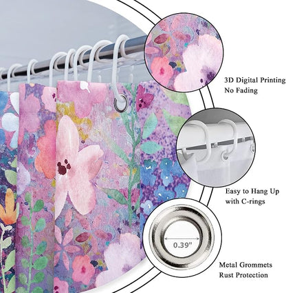 Purple Floral Boho Cute Wildflower Watercolor Bathroom Shower Curtain Set | 72"W x 72"H Leaves Botanical; waterproof HD print, quick-dry fabric with 12 hooks for easy hanging.