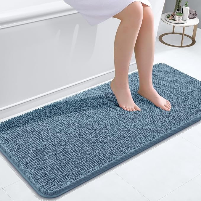 OLANLY Bathroom Runner Rugs 47x20, Extra Soft Absorbent Chenille Bath Rugs | Airy Blue, Quick-Drying Rubber Backing, Washable Long Bath Mat for Bathroom Floor, Tub and Shower, Home Decor Accessories