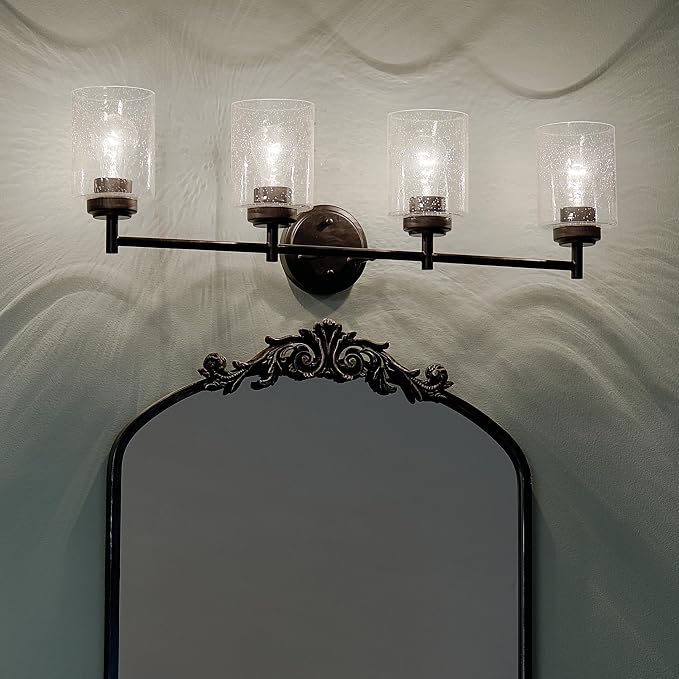 Kichler Winslow 4-Light Farmhouse Vanity Light, Black | Clear seeded glass vanity light with industrial styling (30" x 9.25" x 6.5"), 45887BK