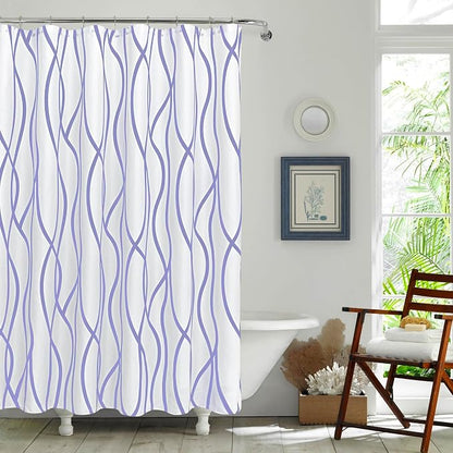 Fabric Modern Extra Long Shower Curtains for Bathroom-Lavender and White | 72"W x 84"L Textured Faux Linen Luxury Hotel Quality Washable-Abstract Wavy Cloth Bath Curtain-Apartment Minimalist Decor