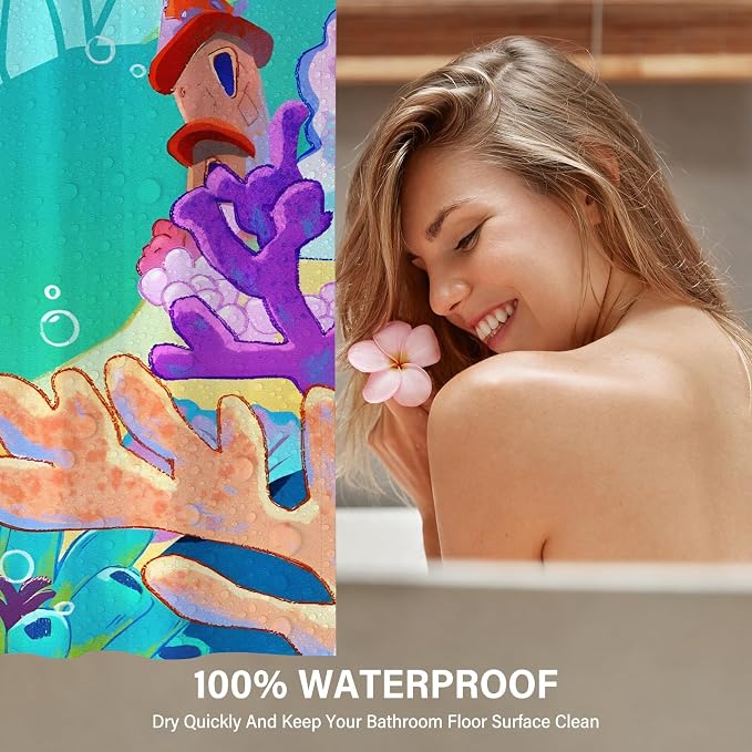 Cartoon Turquoise Underwater Coral Kids Shower Curtain Set 36x72 Inches | Cartoon Underwater Coral Print, Cute Beach Decor for Boys and Girls, Ideal for Kids Stall Bathroom & Housewarming Gift