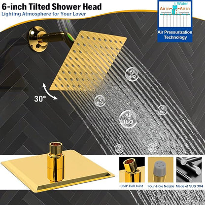 ENGA Bright Gold Dual Rain Shower Head System, 2 In 1 Functions Ceiling Mount 14x20inch LED Shower Head with 6 Inch Shower Head, Rainfall Waterfall Shower Faucet Set