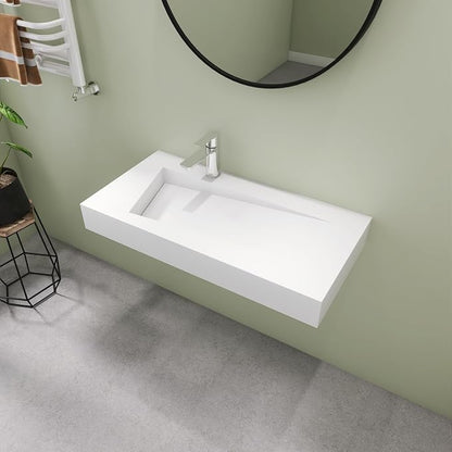 SJ Star&Jane 35" x 18" Solid Surface Bathroom Sink, Wall-Mount or Countertop Vessel Sink, Floating Vanity Sink, Pre-installed Faucet Holes, Durable Modern Design