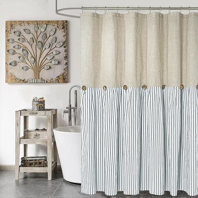 DOSLY Ides Farmhouse Shower Curtain, Beige and Blue Stripe, Button Curtain, Linen and Cotton Woven Fabric, Rustic Charm Country Chic Style, 72x84 in