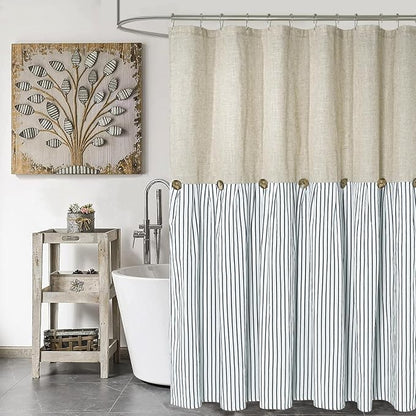DOSLY Ides Farmhouse Shower Curtain, Beige and Blue Stripe, Button Curtain, Linen and Cotton Woven Fabric, Rustic Charm Country Chic Style, 72x78 in