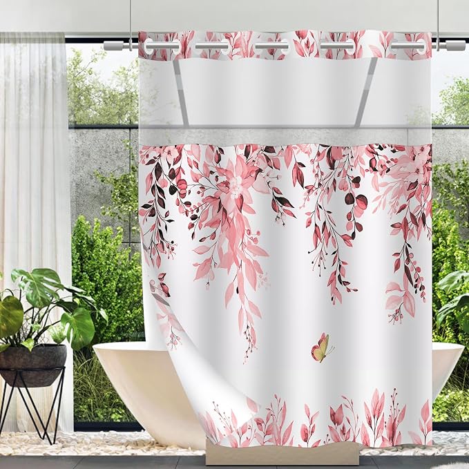 No Hook Shower Curtain and Liner Set, Pink Eucalyptus 71x84 | Floral Design, with Snap in Liner, See-Through Top Window, Waterproof, Machine Washable, Quick-Drying, for Hotel Bathroom