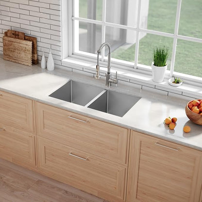 KRAUS Standart PRO™ 33-inch 16 Gauge Undermount 50/50 Double Bowl Stainless Steel Kitchen Sink with WasteGuard™ Continuous Feed Garbage Disposal, KHU102-33-100-75MB