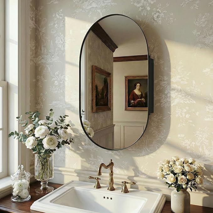 Casaphoria 38" H x 22" W Ellipse Wall Medicine Cabinets Mirrors, Bathroom Medicine Cabinet with Mirror, Metal Frame Wall Mirror Cabinet, Black I