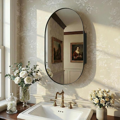 Casaphoria 38" H x 22" W Ellipse Wall Medicine Cabinets Mirrors, Bathroom Medicine Cabinet with Mirror, Metal Frame Wall Mirror Cabinet, Black I