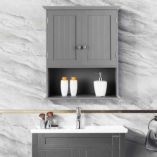 Tangkula Wall Mount Bathroom Cabinet Wooden Medicine Cabinet Storage Organizer with 2-Doors and 1-Shelf Cottage Collection Wall Cabinet (Grey)