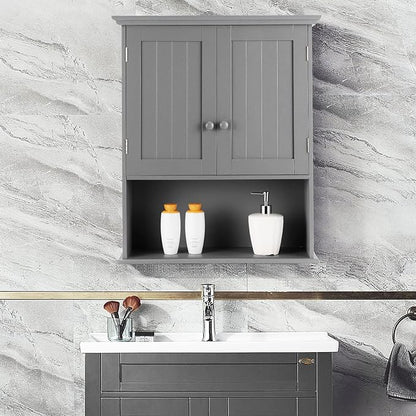 COSTWAY Wall Mounted Bathroom Cabinet, Over the Toilet Storage Cabinet | Double Doors & Adjustable Shelf, Wood Hanging Medicine Cabinet for Living Room, Entryway, Kitchen (Gray)