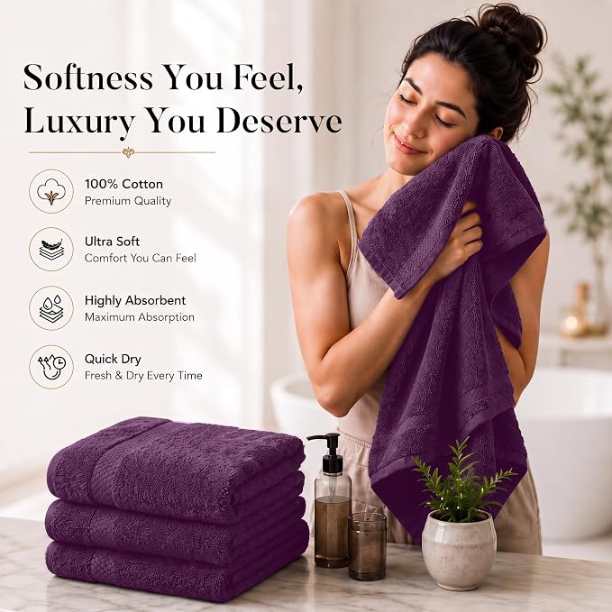 DAN RIVER 600 GSM Cotton Large Bath Towels Set of 4, 27 x 54 Inches, Purple | Larger & Lighter Weight Towels for Bathroom - Highly Absorbent & Quick Dry 100% Cotton Bath Towel Set for Home, Spa & Hotel