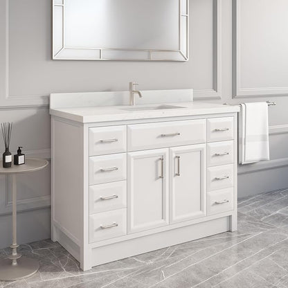 Capri III 48" Single Sink Bathroom Vanity With Stealth Organizer, Solid Wood Bathroom Cabinet with Engineered Stone Countertop & Backspalsh, Soft Closing Door & Drawer, Pre-Assembled, White