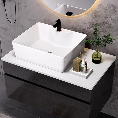 Goujxcy 31.5" Wall Mounted Bathroom Vanity with Sink, Modern Floating Bathroom Cabinet with Ceramic Sink & Storage, Wood Hanging Bath Room Cabinet with Soft-Close System (White & Black)