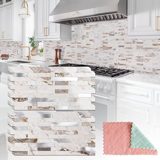 StyloVue 20 Sheets Peel and Stick Backsplash for Kitchen, 2026 Upgraded Ivory Calacatta Marble Look with Silver Metal Accents, Glossy Finish, Stick on Tile for Kitchen Backsplash, RV, Fireplace