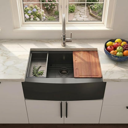 COMLLEN Black Farmhouse Sink 33 Inch,33x22 Apron Front Black Farm Sinks 16 Gauge Stainless Steel,Undermount Workstation Deep Single Bowl Luxury Rustic Farmhouse Kitchen Sinks with All Accessories
