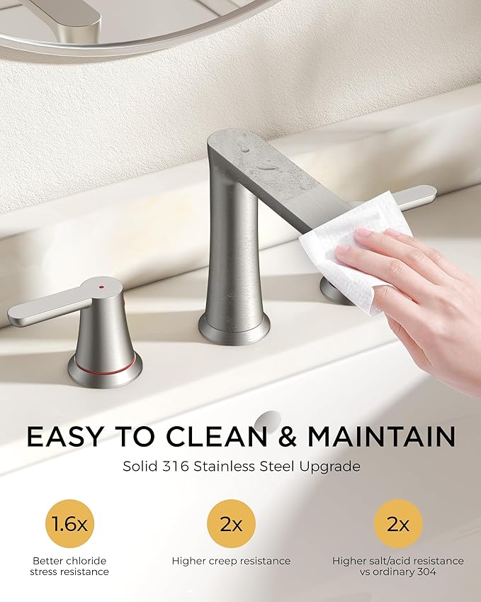 FORIOUS Brushed Nickel Bathroom Faucets 3 Hole, 2 Handle 8 in Widespread Bathroom Faucet Brushed Nickel with Metal Drain, Supply Hose, Water Saving Aerator, for Vanity Sinks, Commercial Sinks