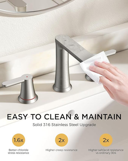 FORIOUS Brushed Nickel Bathroom Faucets 3 Hole, 2 Handle 8 in Widespread Bathroom Faucet Brushed Nickel with Metal Drain, Supply Hose, Water Saving Aerator, for Vanity Sinks, Commercial Sinks