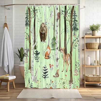 JAWO Rustic Forest Shower Curtains, Lodge Cabin Woodsy RV Shower Curtain, Wildlife Animals Woodland Campers Camping Bathroom Set with Hooks, 54x72 Inch, Moss Green