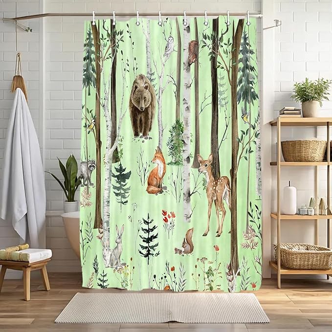 JAWO Camper Shower Curtain, Rustic Lodge Cabin Woodsy Wildlife Animals Woodland Rv Shower Curtains Camper Camping Bathroom Set with Hooks, 47X64 Inch, Moss Green