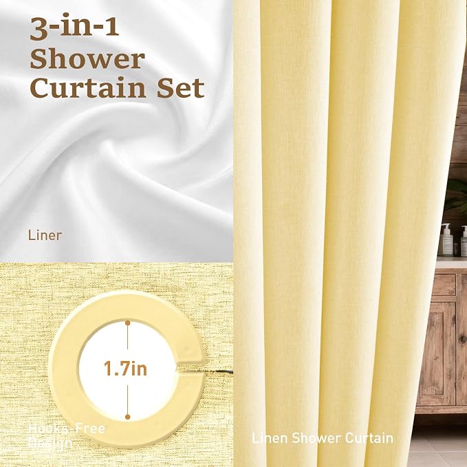 Yellow Ringless Linen Textured Shower Curtain with Snap in Liner 72x75 | 3 in 1 Modern Shower Curtain Set, Removable Liner, Waterproof & Washable, Mesh Top Window, Durable Fabric, Easy to Install