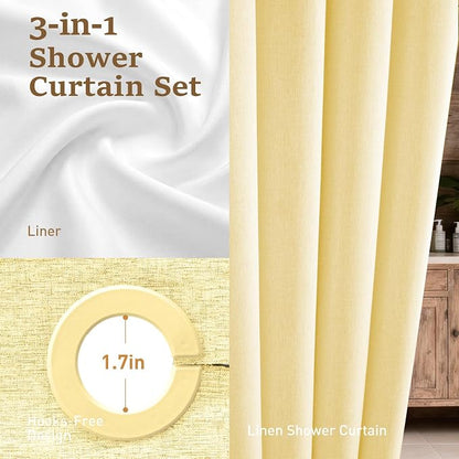 Yellow Ringless Linen Textured Shower Curtain with Snap in Liner 72x75 | 3 in 1 Modern Shower Curtain Set, Removable Liner, Waterproof & Washable, Mesh Top Window, Durable Fabric, Easy to Install