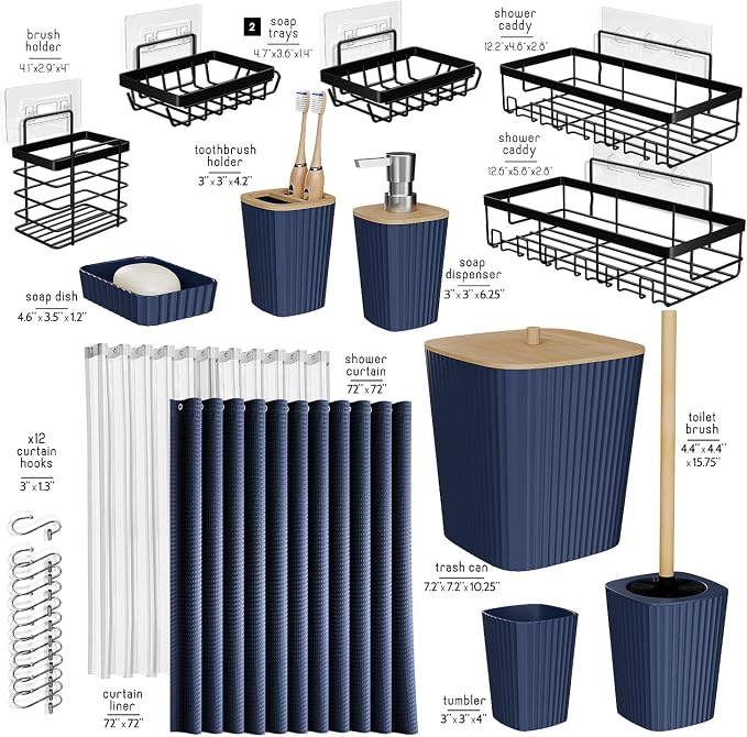 Clara Clark Bathroom Set, Shower Curtain Set and Shower Caddy Hanging | 25 Piece Navy Blue Bathroom Accessories Set with Toothbrush Holder, Soap Dispenser, Soap Dish, Toilet Brush, and Trash Can