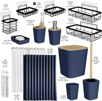 Clara Clark Bathroom Set, Shower Curtain Set and Shower Caddy Hanging | 25 Piece Navy Blue Bathroom Accessories Set with Toothbrush Holder, Soap Dispenser, Soap Dish, Toilet Brush, and Trash Can
