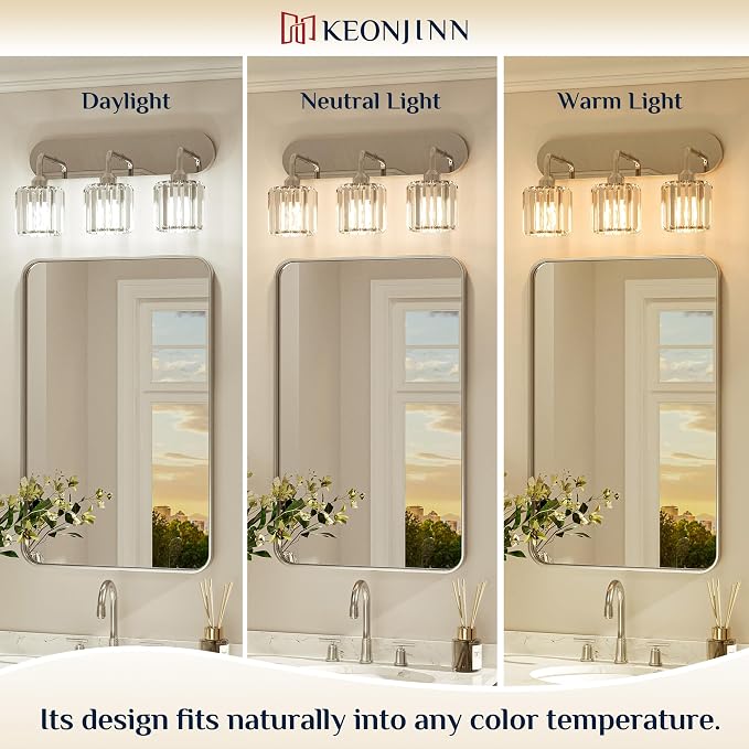 Keonjinn 3-Light Chrome Bathroom Light Fixtures Over Mirror, Crystal | Vanity Lighting Fixture with Crystal Square Shades, Dimmable, Vintage Style, Compatible with E26 Base LED Bulbs(Exclude Bulb)