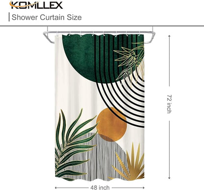 KOMLLEX Mid Century Green Boho Abstract Modern Bathroom Shower Curtain Set | 48Wx72L Plant Botanical Palm Leaves Design, Waterproof Hd Print With Fast-Drying Fabric and 12 Hooks