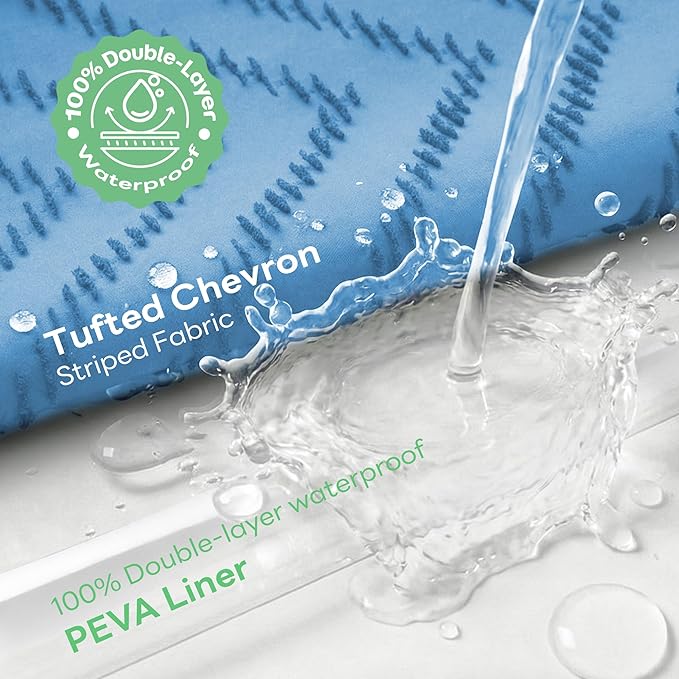 Dynamene Extra Long Shower Curtain and Liner Set - 84 inch Tall Shower Curtain and Waterproof Clear Liner, Tufted Chevron Striped Tassel Shower Curtains for Bathroom, 12 Hooks, 72x84, Moonlight Blue
