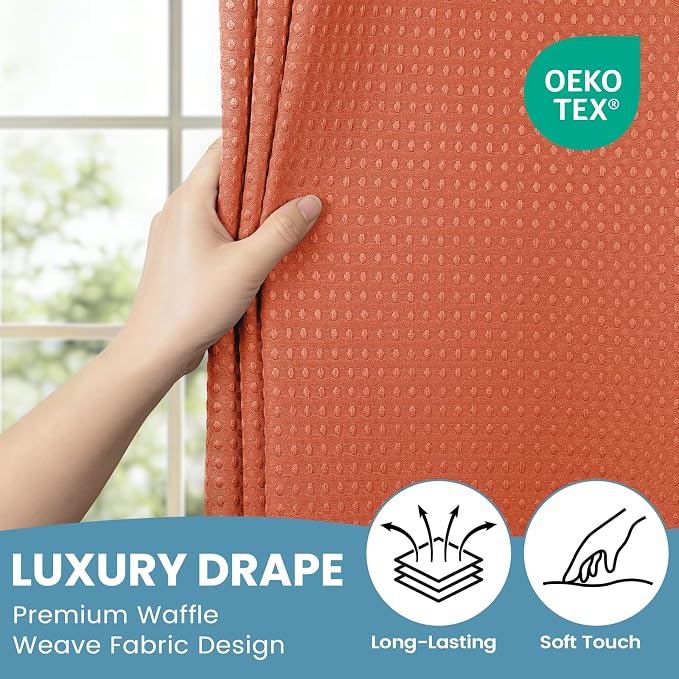 SORTTO No Hook Shower Curtain with Snap in Liner Set Waffle Shower Curtain for Bathroom Hotel Style Fabric Waterproof Inner Liner，71" W x 74" H, Coral