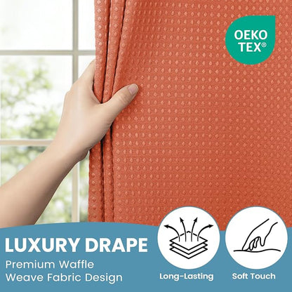 SORTTO No Hook Shower Curtain with Snap in Liner Set Waffle Shower Curtain for Bathroom Hotel Style Fabric Waterproof Inner Liner，71" W x 74" H, Coral