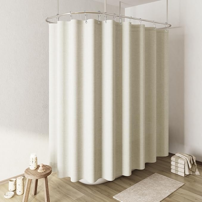 Ivory Linen Shower Curtain, Cloth Textured Fabric Shower Curtain Set with Hooks, Simple Elegant Modern Farmhouse Country Ultra Thick Bath Curtains for Bathroom,Water Repellent,108x72