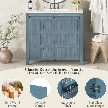 36" Bathroom Vanity Organizer with Ceramic Sink, Set Bathroom Storage Cabinet, Retro Blue