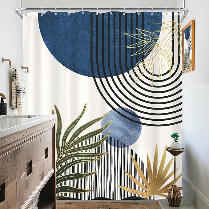 KOMLLEX Mid Century Blue Green Boho Extra Long Bathroom Shower Curtain Set | 72Wx84H Abstract Plant design, waterproof HD print with fast-drying fabric and 12 hooks.