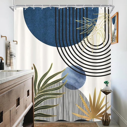 KOMLLEX Mid Century Blue Green Boho Extra Long Bathroom Shower Curtain Set | 72Wx84H Abstract Plant design, waterproof HD print with fast-drying fabric and 12 hooks.