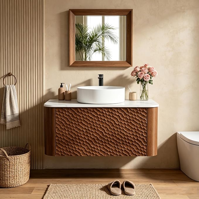 30 Inch Modern Bathroom Vanity with Ceramic Sink, Floating Bathroom Vanity Cabinet with Sintered Stone Top&Solid Wood Hammered Frame, Single Sink Bathroom Vanities w/Soft-Close Drawers,Walnut
