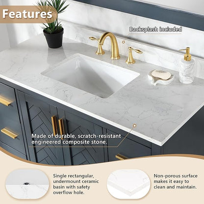 Ceres 49" Engineered Stone Vanity Top in Grain White with Single White Sink