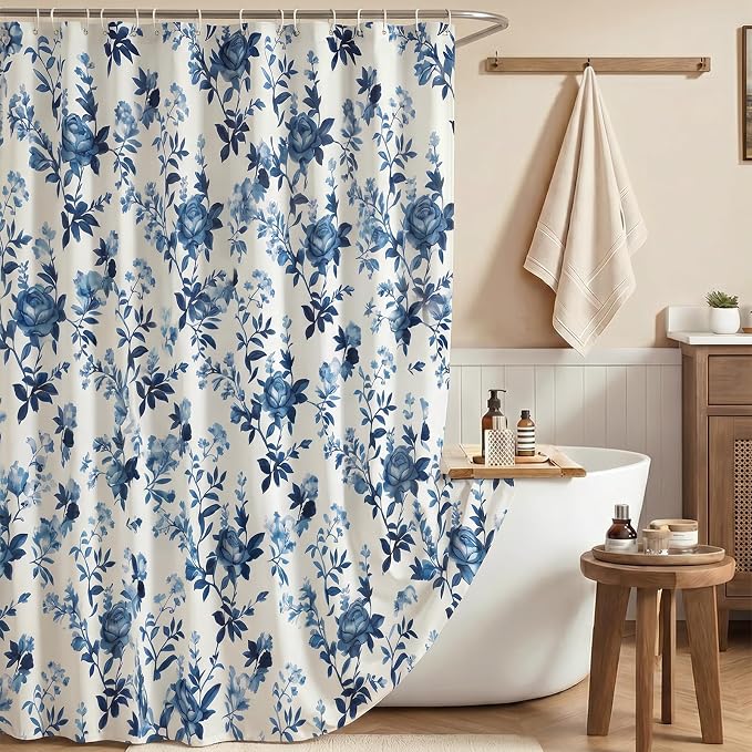 Farmhouse Blue Floral Shower Curtain, Fabric Faux Linen Shower Curtain Set with 12 Rings, Vintage Cottagecore Boho Shower Curtains for Bathroom 72" W x 72" L （Beige + Blue