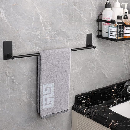 NearMoon Self Adhesive Bathroom Towel Bar- Stainless Steel Bath Wall Shelf Rack Hanging Towel Stick On Sticky Hanger Contemporary Style, NO Drilling (2 Pack, Matte Black, 16-Inch Towel Rack)